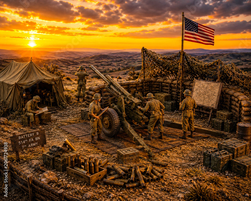 US Army Artillery Battery at Sunset During World War II
