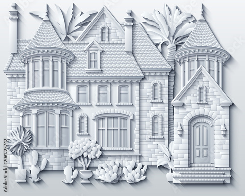 Victorian paper cut style vector illustration of a luxury stone mansion with turrets, pointy roofs and garden. Elegant 3D monochrome gothic villa castle design.