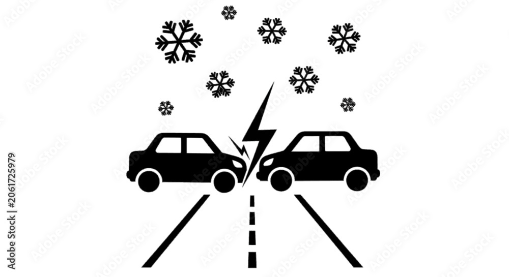 Fototapeta premium Minimal black silhouette icon, simple flat vector, bold black shape, no, no shading car accident on a snowy road, winter driving hazard, vector illustration on a, flat icon style