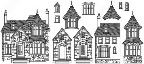 Tableau sur toile Set of separate vector victorian luxury mansions with turrets, stone facades and pointy roofs