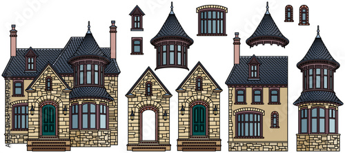 Photos Set of separate vector victorian luxury mansions with turrets, stone facades and pointy roofs