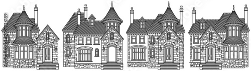 Εκτύπωση καμβά Set of separate vector victorian luxury mansions with turrets, stone facades and pointy roofs