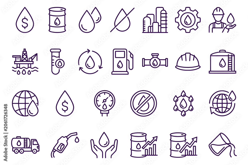 Fototapeta premium Energy and oil industry icons set with symbols for business, finance, and ecology on white background
