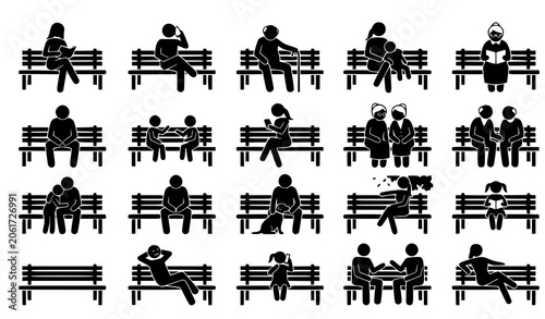 Outdoor leisure vector icon collection people resting on park benches