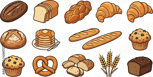 Foto Bakery Bread Sticker Set — Croissant Pretzel Muffin Baguette Challah Pancake Whe