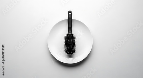 Black round hair brush placed on a simple white plate illustration