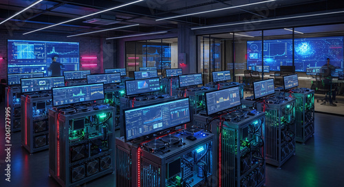 Modern computer lab with glowing screens and advanced technology.