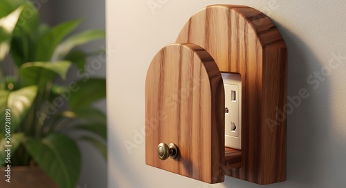 Wooden decorative door cover for wall electrical power outlet illustration
