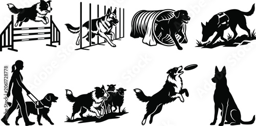 Billede på lærred Dog agility training working herding and service dogs black vector icons set iso