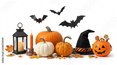 Halloween Decorations with Pumpkins Candy Witch Hat Bats and Lantern