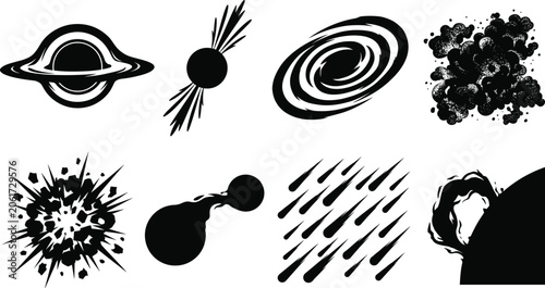 Fotografie Space phenomena and cosmic elements black silhouette icons set isolated on a whi