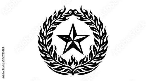 Black star emblem with laurel wreath.