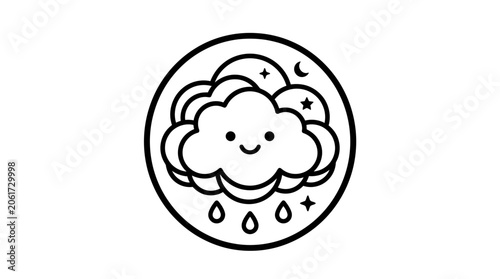 A smiling cartoon cloud with raindrops.