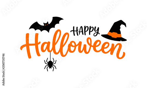 Bilde på lerret Happy Halloween Wishes with Bat Spider and Witch Hat Vector Design