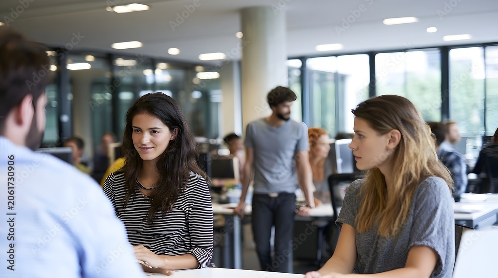 Fototapeta premium A modern open plan office setting depicts people engaged in productive discussion and collabo n within a bright professional environment