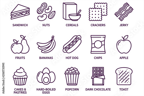 Slika na platnu Delicious food icons collection featuring sandwiches nuts cereals crackers jerky