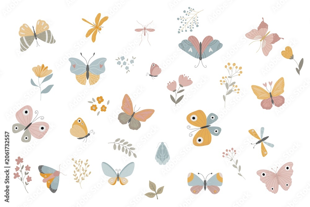 Obraz premium Scandinavian style nursery illustration collection. Large botanical and butterfly design elements kit for creators.