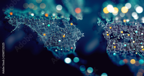 Mapa mundial digital con conexiones de red de datos azules brillantes, tecnología. Mapa mundial digital azul brillante con conexiones de red de datos; concepto global de tecnología y logística
