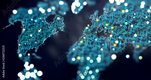 Mapa mundial digital abstracto con conexiones de red de puntos azules, tecnología global. Concepto abstracto de mapa mundial digital de red de puntos azules; conectividad de datos global y tecnología 