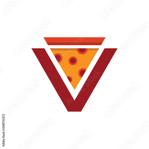 Pizza Slice Inside Letter V Logo. Letter V Pizza Slice Logo Design.