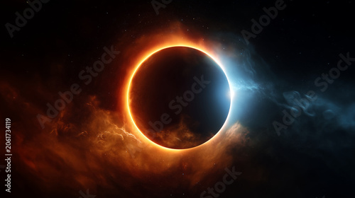 Dramatic total solar eclipse in deep space, dark moon passing in front of a glowing sun with fiery orange corona on one side and cool blue-white rim light on the other, black cosmi