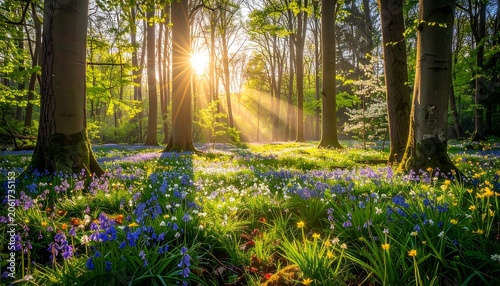 A serene forest scene with sunlight filtering through trees, casting dappled shadows on a carpet of vibrant blue, yellow, and orange flowers