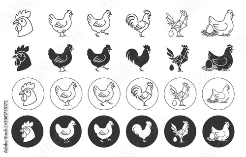 Chicken Rooster Farm Bird Symbol Pack Line and Solid Icons
