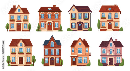 Set of colorful suburban house illustrations showing different architectural styles and landscaping for real estate and home concepts.