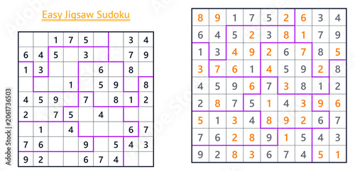 Easy jigsaw Sudoku puzzle grids with solved numbers in orange  