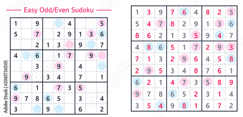 Easy odd/even Sudoku puzzles with colorful numbers and grid design  