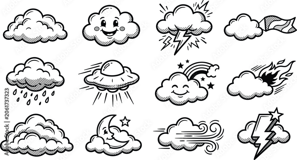 Obraz premium Set of hand drawn cute weather clouds and sky elements in doodle sketch vector style