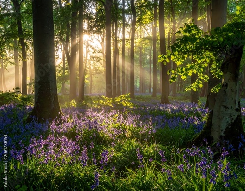A serene forest scene with sunlight filtering through trees, illuminating purple flowers