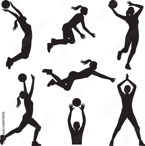 Black silhouettes of diverse athletes in dynamic sports poses running jumping