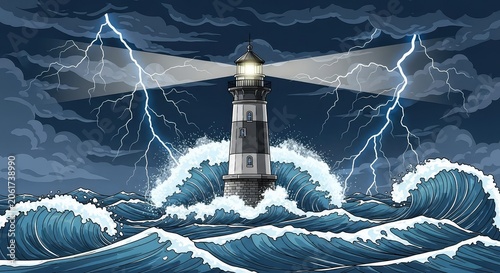Intense vector illustration of a towering beacon in a raging sea under a dark sky, featuring high contrast waves and electric storm clouds, moody, lantern, waves