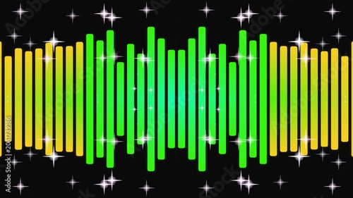Sound wave graphic with green and yellow bars on black background