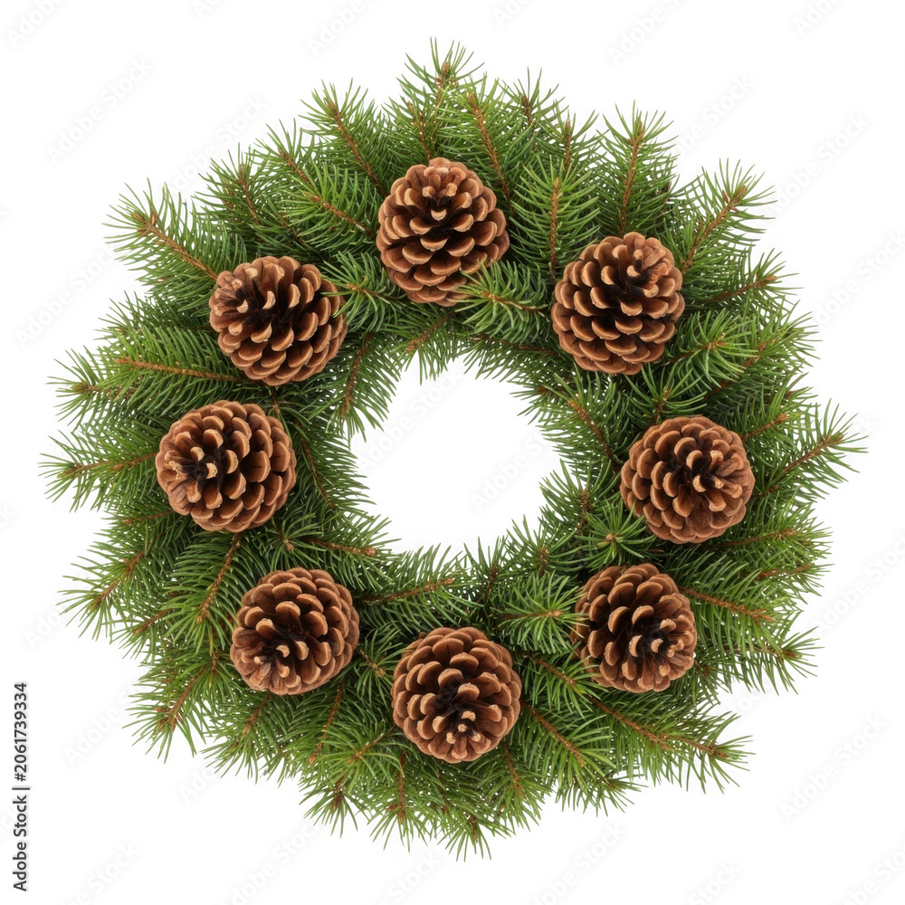 Fototapeta premium Green pine cone and acorn holiday wreath isolated on white background