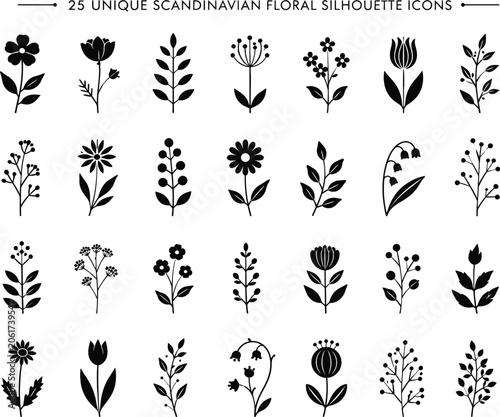 Collection of twentyfive unique Scandinavian floral silhouette icons representing various plants and