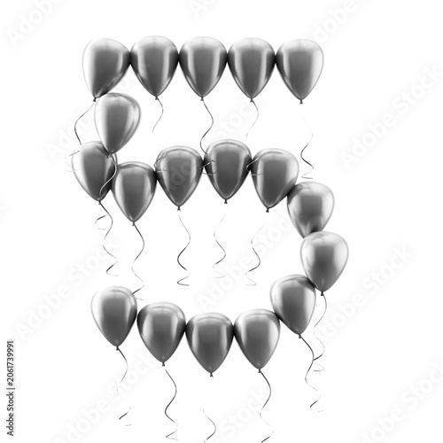 Globo plateado brillante con el número cinco, aislado sobre fondo blanco; ideal para la celebración del quinto cumpleaños o aniversario, tanto para eventos como para tarjetas de felicitación.