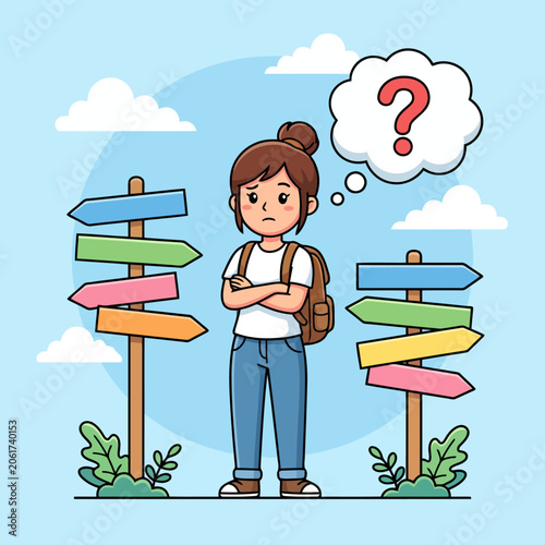 A cartoon woman stands between two signposts.