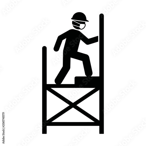 Construction worker on scaffolding with safety gear.