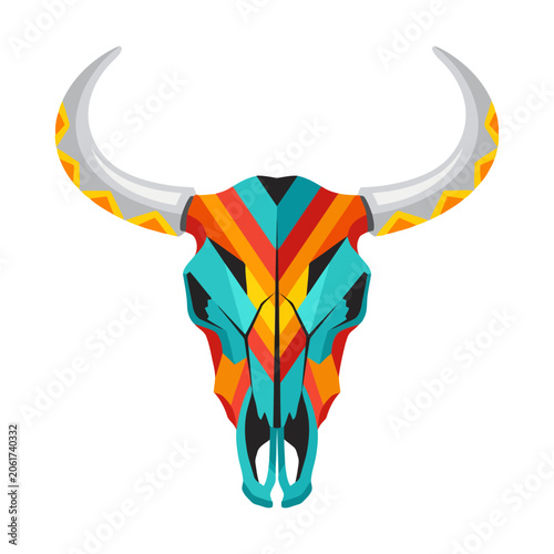 Vibrant colorful bull skull illustration.