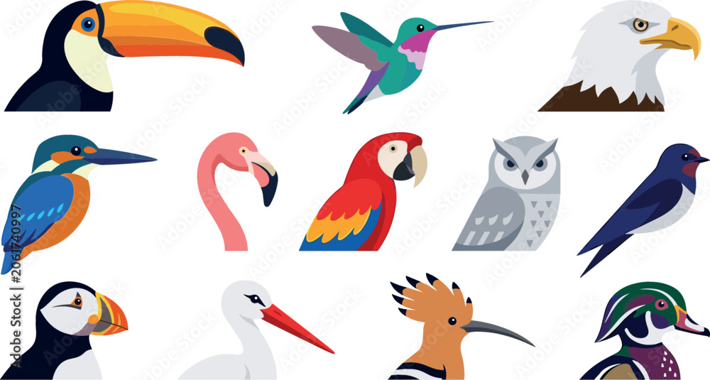 Fototapeta premium Flat design bird portraits icon set including toucan hummingbird eagle kingfisher flamingo parrot owl puffin stork hoopoe duck isolated on white background vector illustration