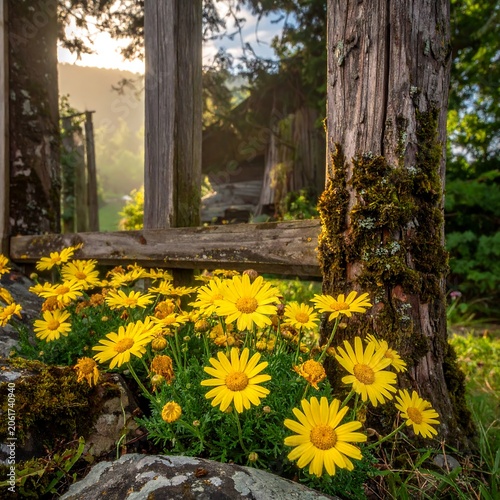 A serene forest scene with vibrant yellow flowers blooming at the base of ancient, moss-covered tree trunks
