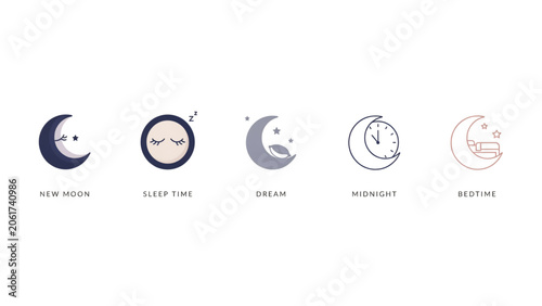 Bild auf Leinwand Set of five flat moon phase icons with crescent, half, gibbous, full, and new mo