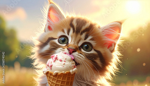 Fluffy Kitten Enjoying Ice Cream on a Sunny Summer Day

