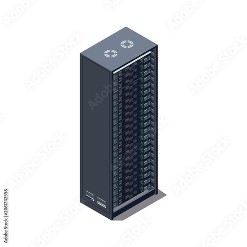 Isometric Rear View Server Rack with Network Equipment