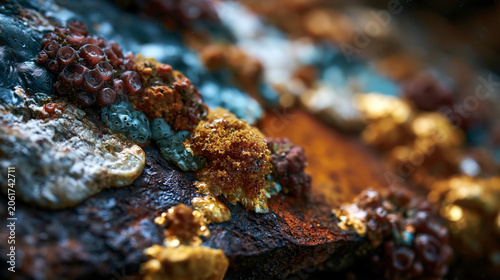 Shipwreck encrustation community macro, steel hull plate covered in coral, bryozoan, and tunicate settlement, steel corrosion rust patina integrating with biogenic carbonate overlay, decay and trans