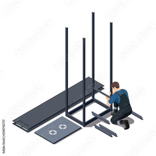 Isometric Technician Assembling Server Rack