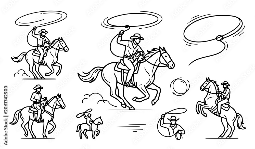 Fototapeta premium Cowboy lassoing horses line art collection for western designs