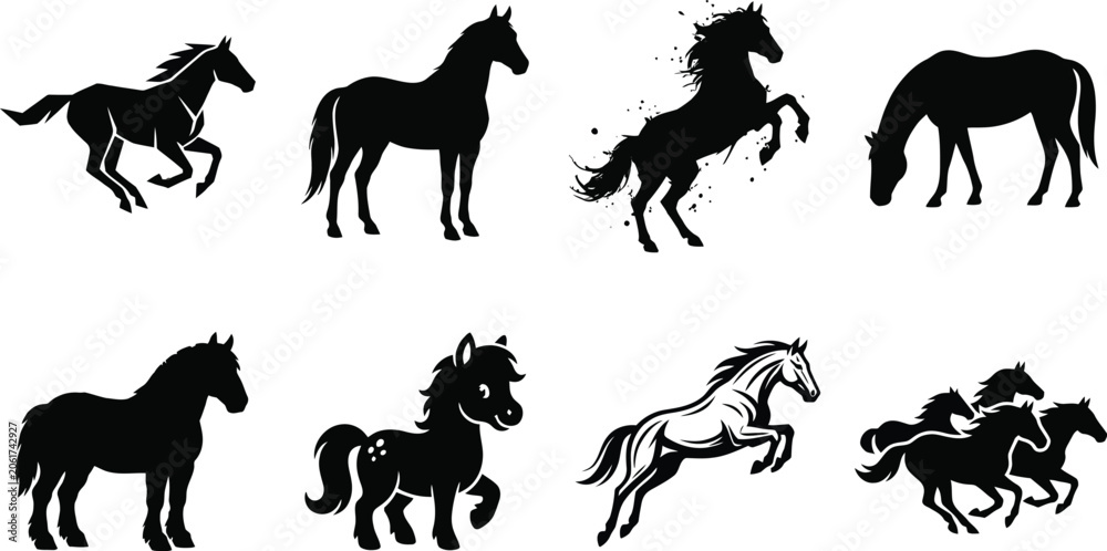 Obraz premium Collection of diverse horse silhouettes featuring running stallion standing mare rearing mustang grazing pony cartoon colt jumping thoroughbred and herd illustrations